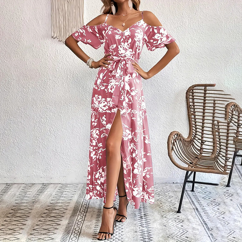 Women's Floral Maxi Dress Cold Shoulder Split Belted A Line Long Summer Dress - Image 3