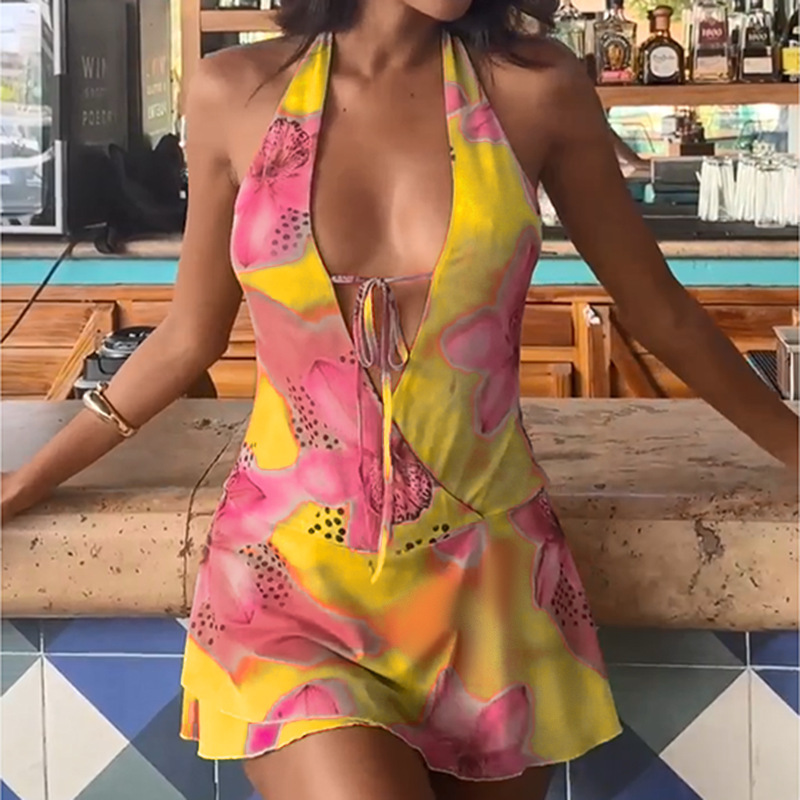 Sexy Backless Halter Vacation Style Hot Girl Print Dress - Image 4