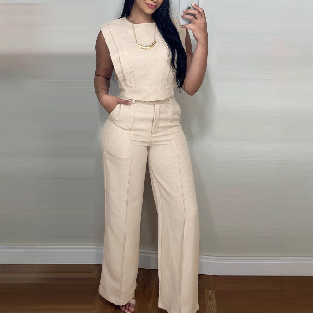 Summer Sleeveless Suit Fashion Round Neck Vest Top And Pocket Straight Pants Casual Trousers Set For Women Clothing - Image 3