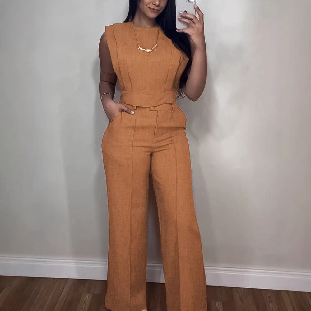 Summer Sleeveless Suit Fashion Round Neck Vest Top And Pocket Straight Pants Casual Trousers Set For Women Clothing - Image 2
