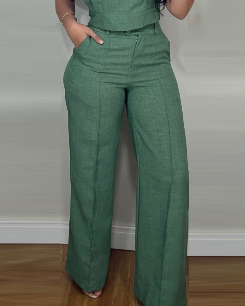 Summer Sleeveless Suit Fashion Round Neck Vest Top And Pocket Straight Pants Casual Trousers Set For Women Clothing - Image 5