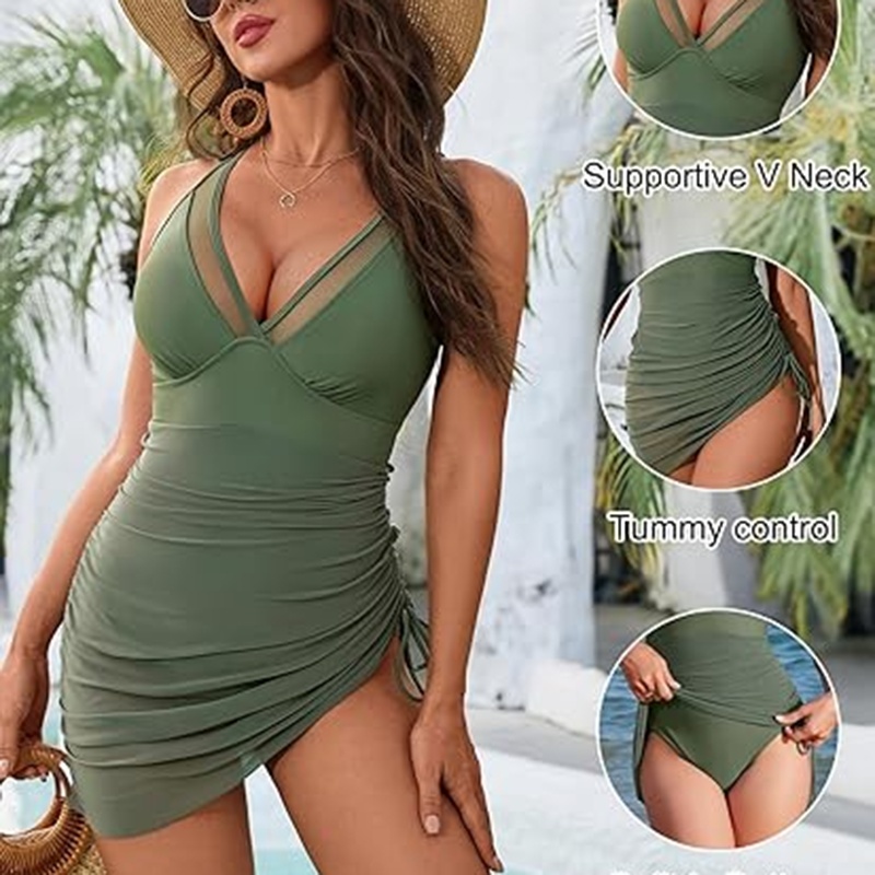 Women's One-Piece Swim Dress, Tummy Control Swimsuit With Mesh Sheer Sarong Wrap - Image 6