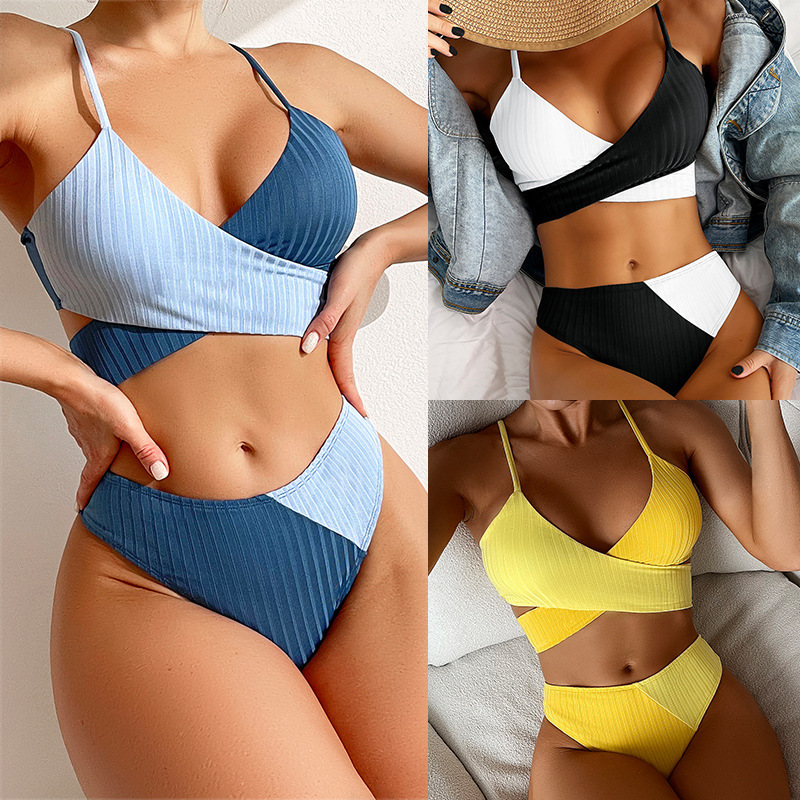 Bikini Patchwork Swimwear Ribbed Women's Swimsuit Knot Back Beachwear Ruched Butt Biquinis Bathing Suits - Image 9