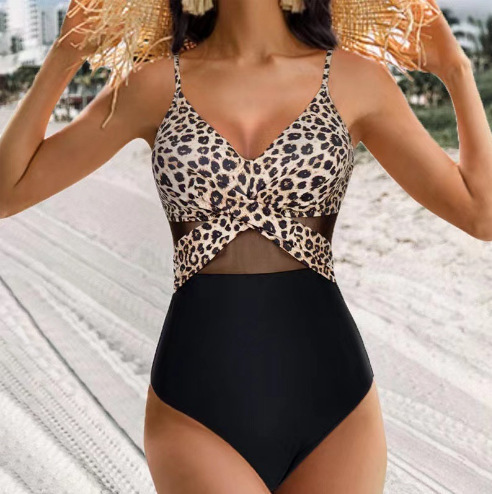 Halter-neck One-piece Swimsuit Summer Solid Color Cross-strap Design Mesh Bikini Beach Vacation Womens Clothing - Image 6